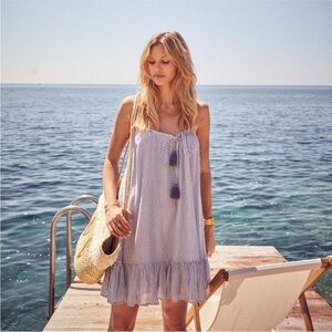 Sezane Naxos Sundress Mini Dress Blue White Striped Tassel Tie Adjustable Size 4